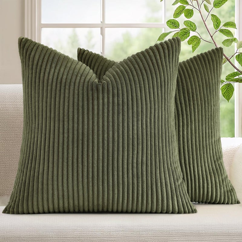Mecatny Corduroy Decorative Throw Pillow Covers 20x20 Set of 2 for Sofa Living Room, Soft Neutral Boho Couch Pillow Covers for Home Decor, Olive Green - Image 1