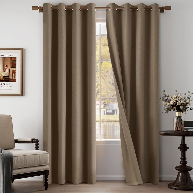 OYRING 100% Blackout Linen Textured Curtains 95 Inch Length 2 Panels Set for Living Room, Bedroom, Light Weight Curtains with Grommets Top, Full Blackout Curtains Privacy Protection, Brown, 52" W x 95" L - Image 1