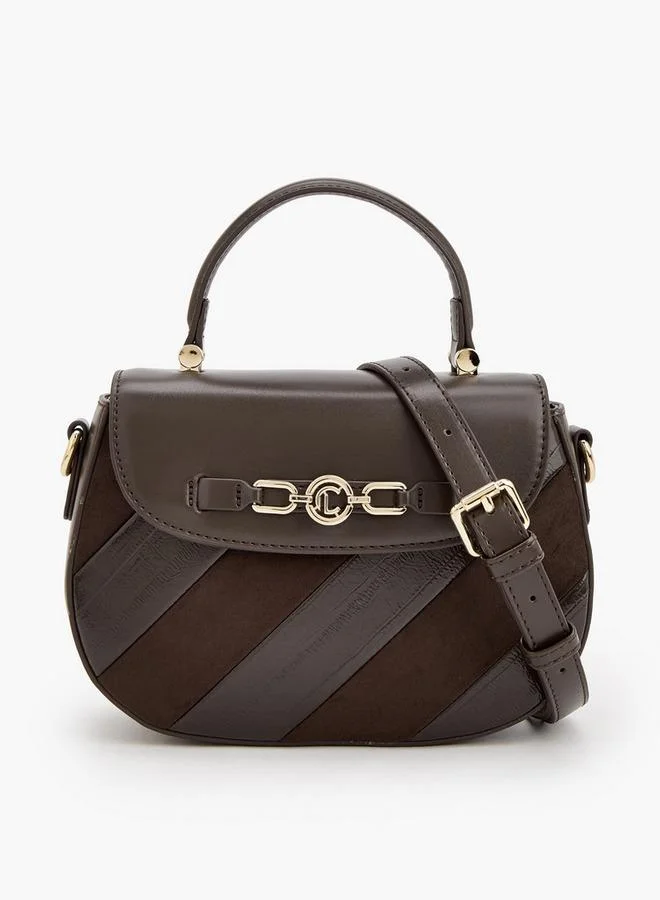 Striped Suede Satchel Bag With Metallic Accent