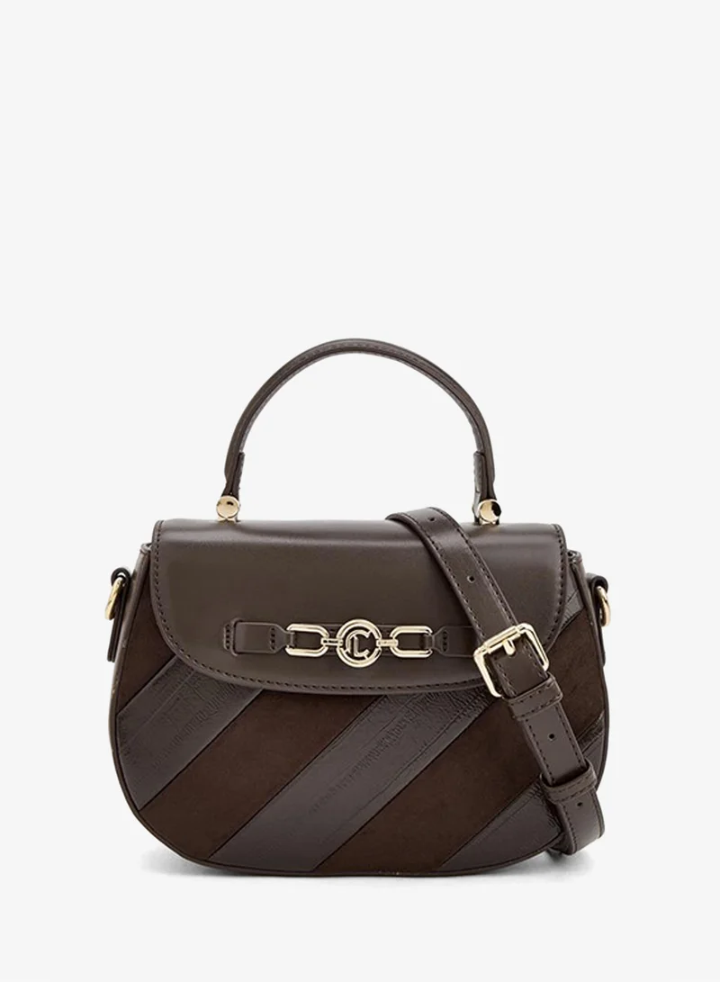 Striped Suede Satchel Bag With Metallic Accent