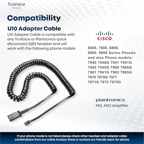 TruVoice U10 Adapter Connects with Plantronics and TruVoice Quick Disconnect (QD) Headsets - Compatible with Cisco 7931 7940 7941 7942 7945 7960 7961 7962 7965 7970 7975 and 6000 7800 8800 8900 Series Phones - Image 2