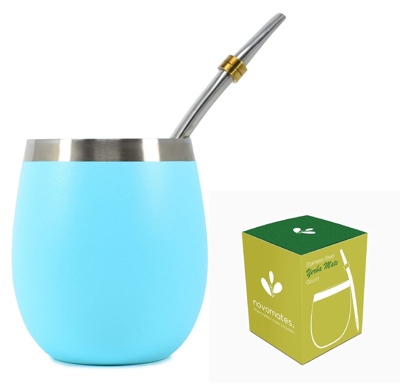 Novomates Novomates NEW Mate Cup and Bombilla Set  Mate Gourd  Includes Double Wall Stainless Steel Yerba Mate Tea Cup with Stanley Steel Mate Straw  Bombilla Mate and Mate Tea Cup 8oz 237ml Teal