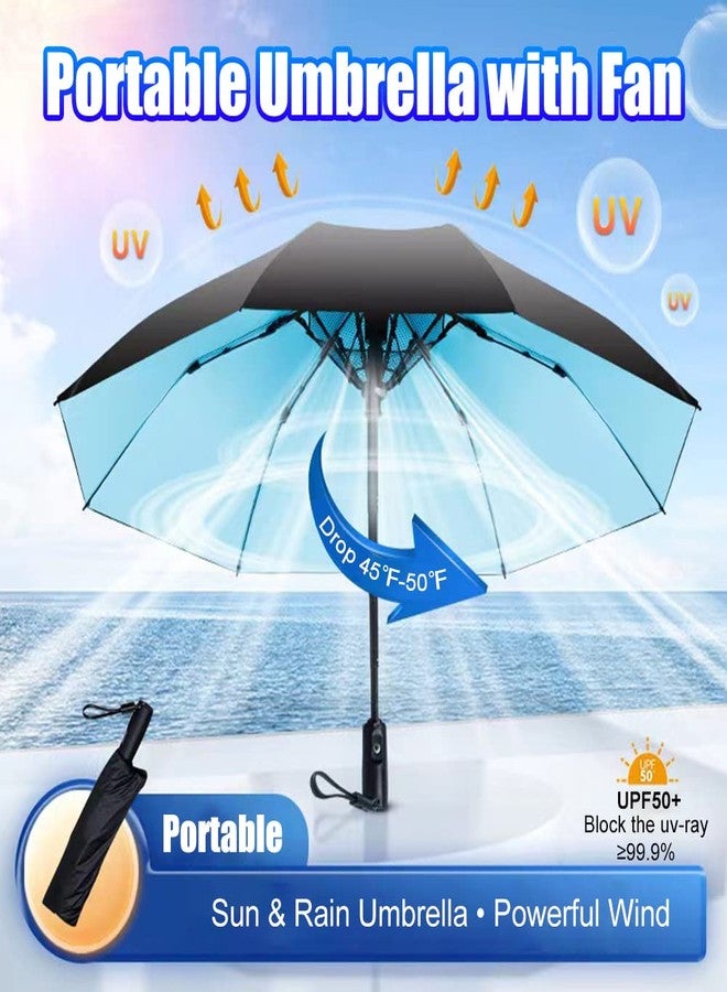 WOOLALA 【2023 Newly】 UV Sun Umbrella with Fan, Portable Cooling Fan Umbrella UPF 50+ Foldable Umbrella for Sun & Rain, USB Rechargeable Travel Umbrella Personal Fan for Heatstroke, Hot Days, Blue - Image 2