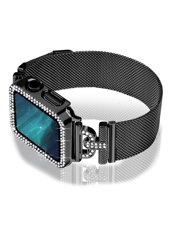 JOYOZY Magnetic Band Compatible with Apple Watch Band 38mm 40mm 41mm 42mm 44mm 45mm Milanese Strap with Bling Case and Screen Protector, Dressy Stainless Steel iWatch Loop for Women (Black 38mm) - Image 1