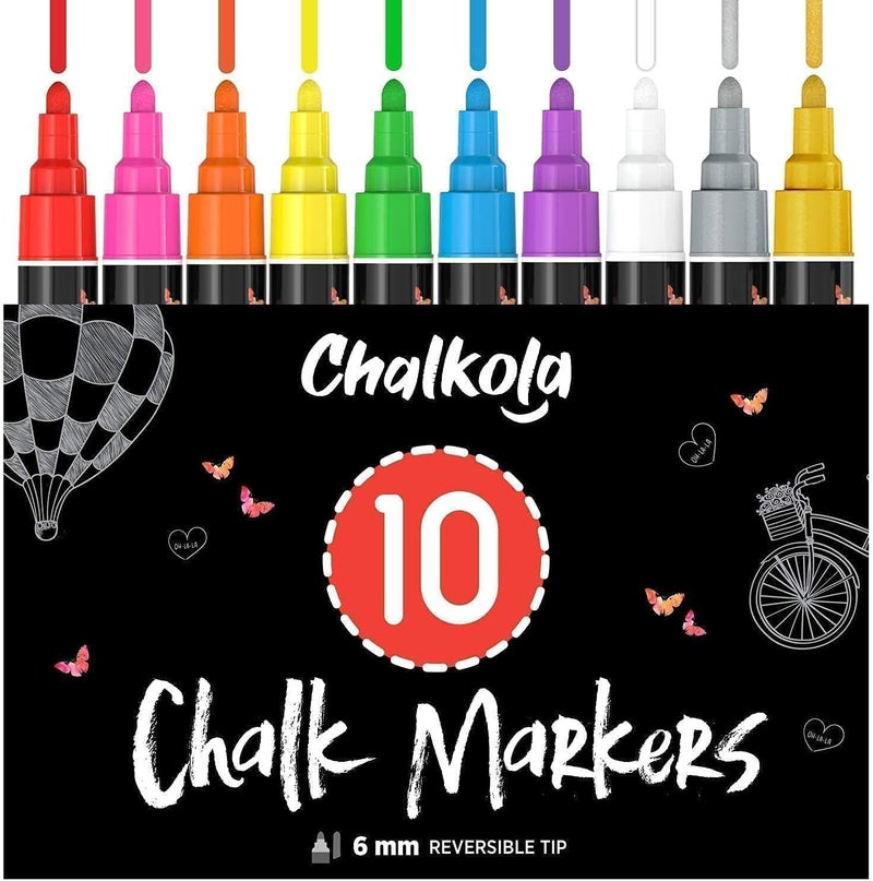 Chalkola Liquid Chalk Markers Erasable (10 Pack) w/Gold & Silver - Washable Paint Chalk Pens for Chalkboard Signs, Blackboard, Car Window, Bistro, Glass, Board - Neon Wet Wipe 6mm Reversible Bold Tip Polished safe edge - Image 1
