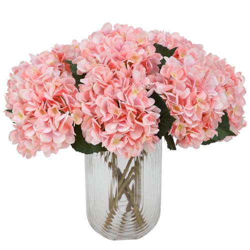 Tifuly Pink Hydrangea Artificial Flowers - 5 pcs Realistic Single 18.9 in Long Stem Fake Silk Hydrangea Bouquets for Party Wedding Centerpieces Home Office Decor - Image 1