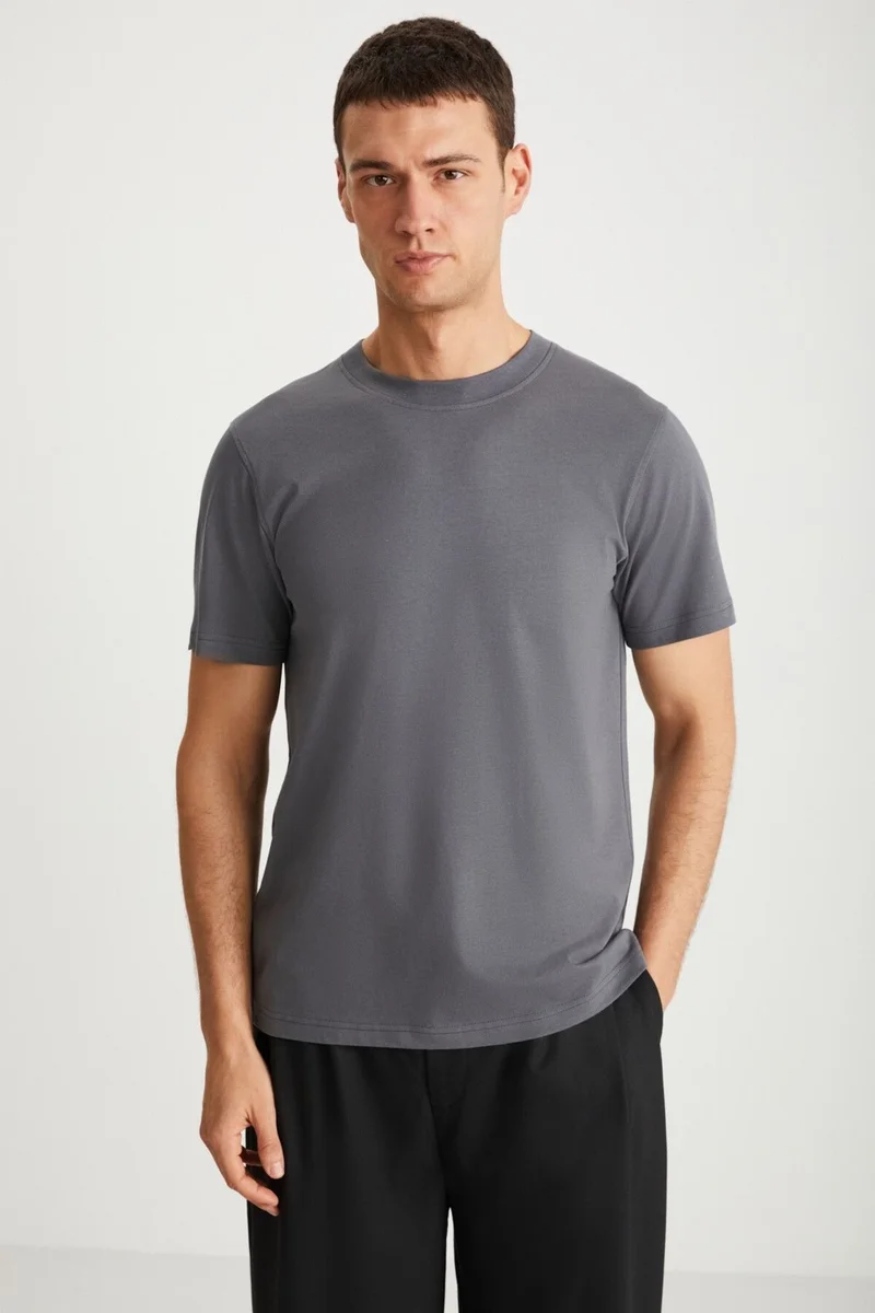 GRIMELANGE MICHEL Men's Slim Fit Slim Cut 100% Organic Cotton Basic Knitted Dark Gray T-Shirt