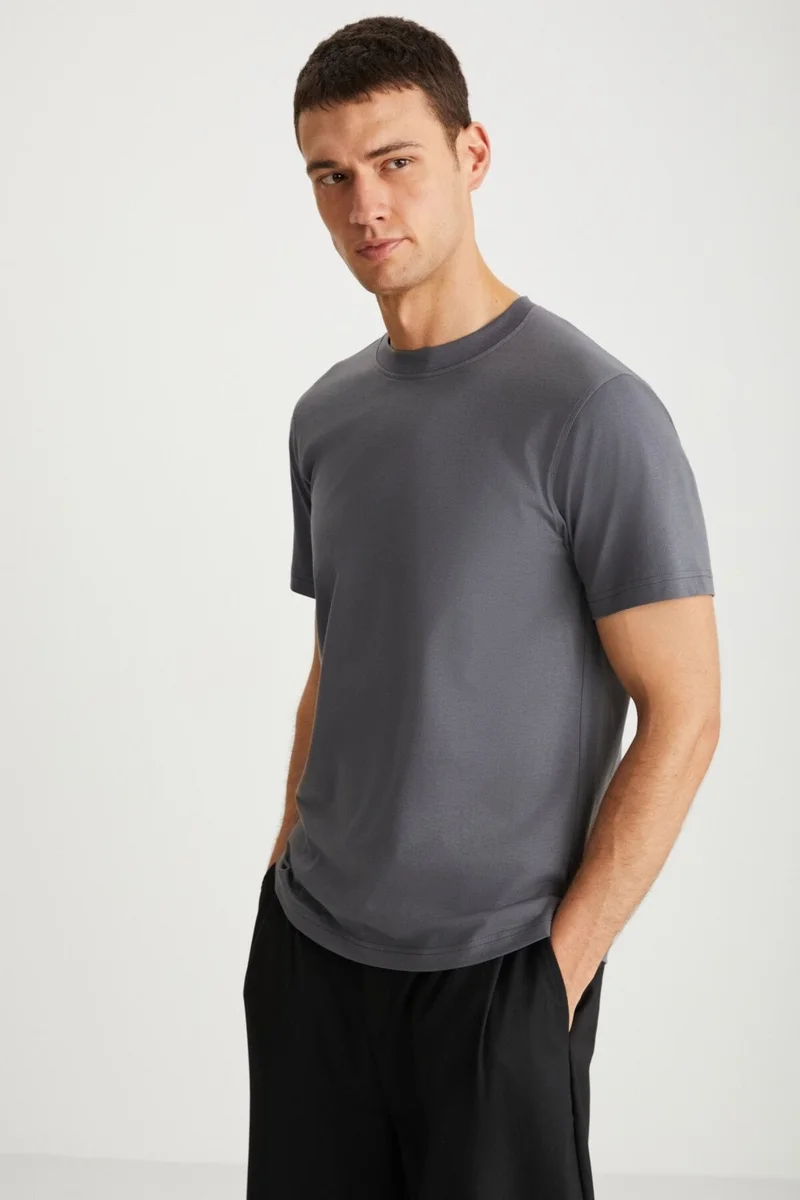GRIMELANGE MICHEL Men's Slim Fit Slim Cut 100% Organic Cotton Basic Knitted Dark Gray T-Shirt