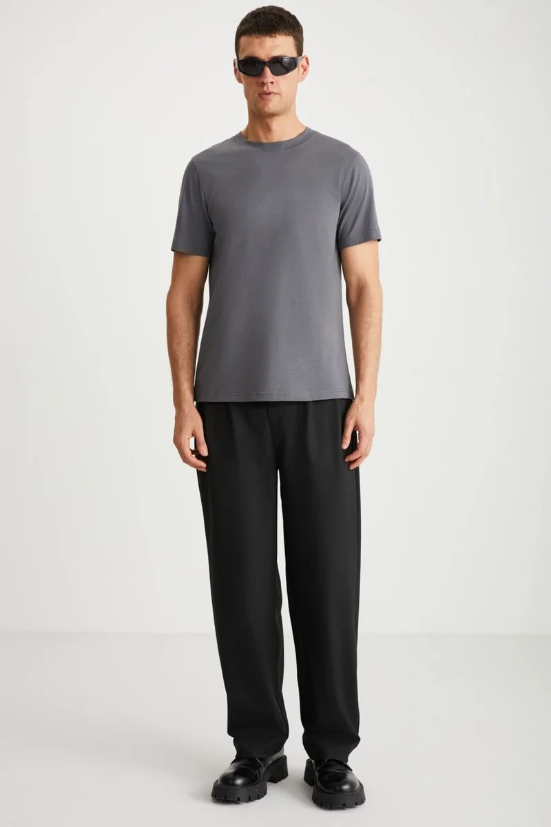 GRIMELANGE MICHEL Men's Slim Fit Slim Cut 100% Organic Cotton Basic Knitted Dark Gray T-Shirt