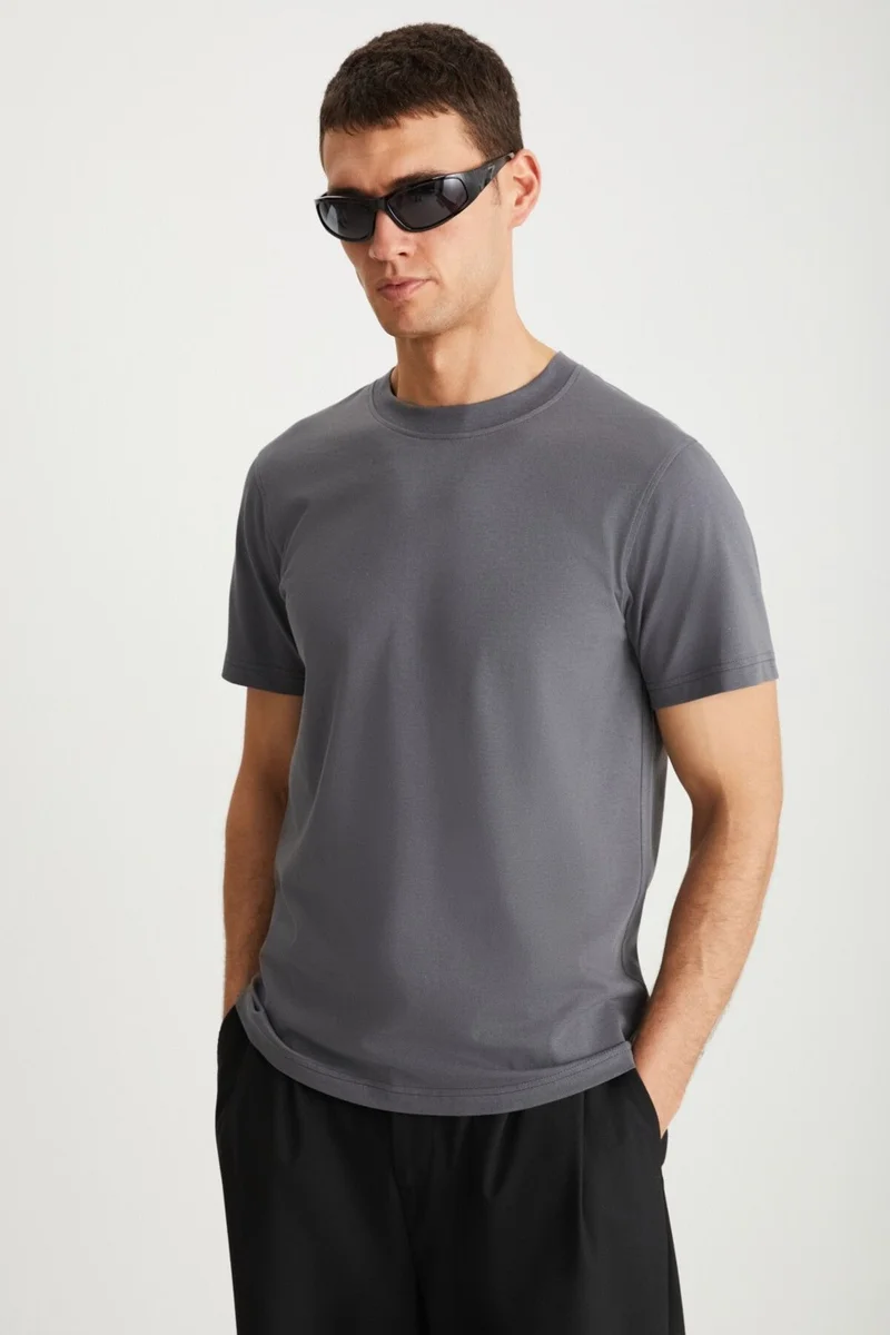 GRIMELANGE MICHEL Men's Slim Fit Slim Cut 100% Organic Cotton Basic Knitted Dark Gray T-Shirt