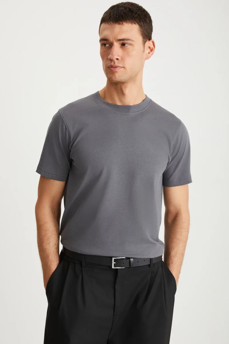 GRIMELANGE MICHEL Men's Slim Fit Slim Cut 100% Organic Cotton Basic Knitted Dark Gray T-Shirt