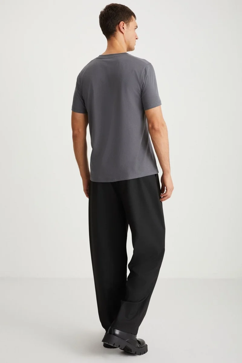 GRIMELANGE MICHEL Men's Slim Fit Slim Cut 100% Organic Cotton Basic Knitted Dark Gray T-Shirt
