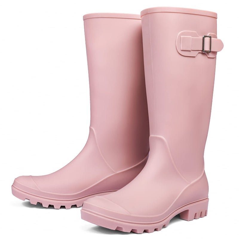 DKSUKO Women's Tall Rain Boots Garden Boots Waterproof Wellington Rubber Boots(7 B(M) US, Matte Pink) - Image 4