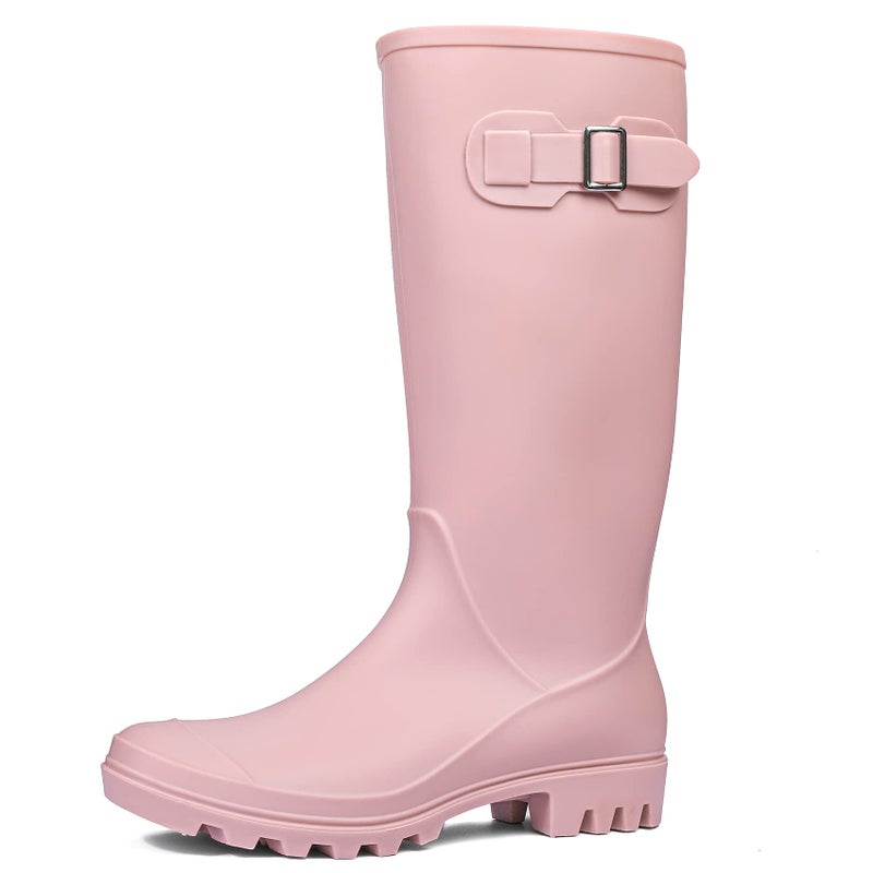 DKSUKO Women's Tall Rain Boots Garden Boots Waterproof Wellington Rubber Boots(7 B(M) US, Matte Pink) - Image 1