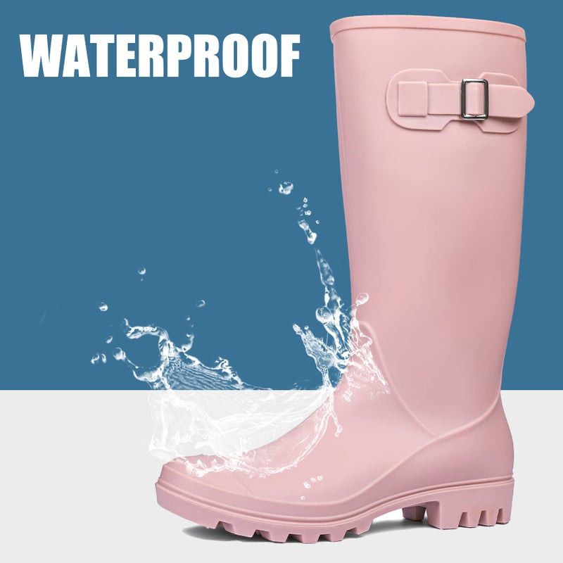 DKSUKO Women's Tall Rain Boots Garden Boots Waterproof Wellington Rubber Boots(7 B(M) US, Matte Pink) - Image 2