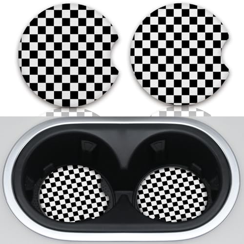 Adastrah Cute Car Coasters for Cup Holders, 2 Pack Absorbent Universal Neoprene Car Coasters with Finger Slot, Auto Accessories for Women & Men,2.56"(Black/White) - Image 1