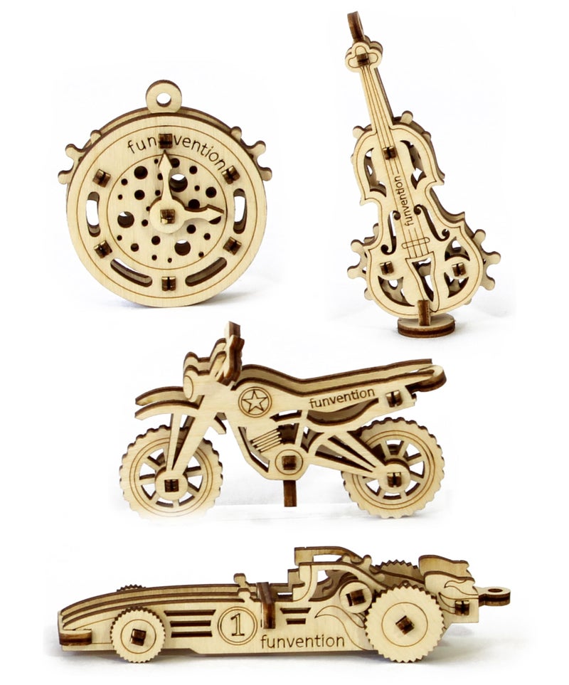 Funvention Fun Fidgets Assorted (3 x 4 DIY Miniature Mechanical Models Bike, Car, Guitar & Watch) Pack of 12 - Birthday Return Gifts Party Pack Return Favors for Kids Art & Craft STEM Learning Toys - Image 2