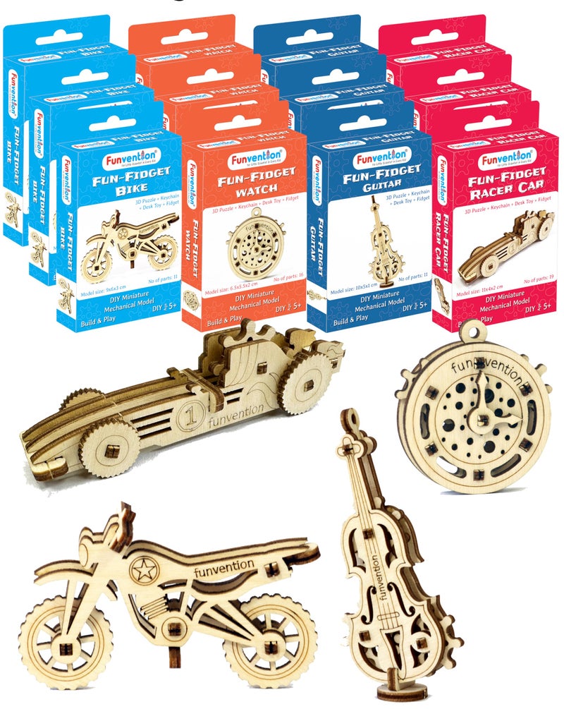 Funvention Fun Fidgets Assorted (3 x 4 DIY Miniature Mechanical Models Bike, Car, Guitar & Watch) Pack of 12 - Birthday Return Gifts Party Pack Return Favors for Kids Art & Craft STEM Learning Toys - Image 1