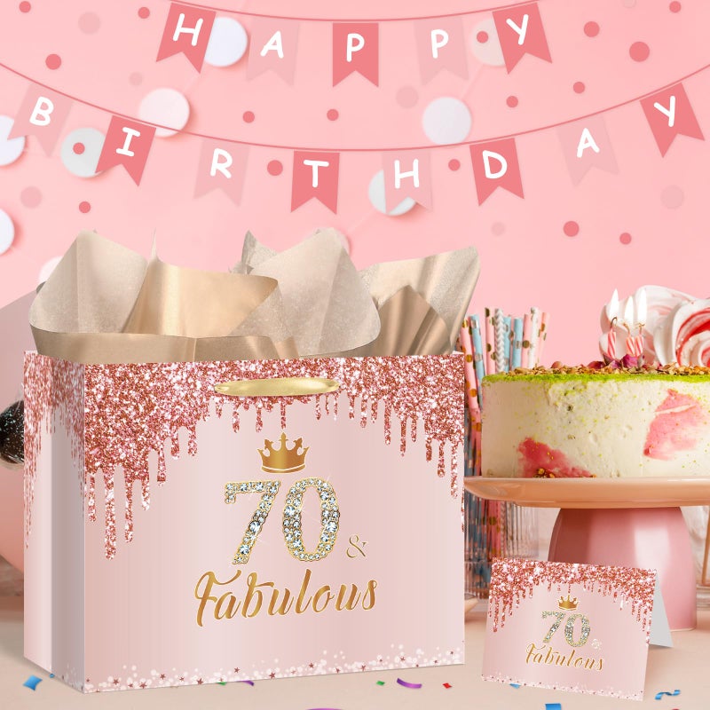 Yoirrat Rose Gold 70th Birthday Gift Bag for Women 70 & Fabulous Large Pink Happy 70th Birthday Gift Bag with Wrapping Paper and Card for 70th Bday Decorations Party Supplies - Image 2