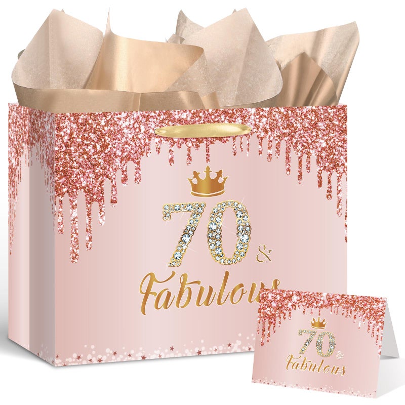 Yoirrat Rose Gold 70th Birthday Gift Bag for Women 70 & Fabulous Large Pink Happy 70th Birthday Gift Bag with Wrapping Paper and Card for 70th Bday Decorations Party Supplies - Image 1