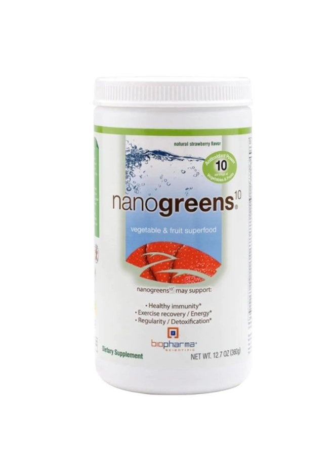Biopharma Scientific - NanoGreens Greens Fruit and Vegetable Superfood Powder | Natural Strawberry Flavor | 30 Servings | Spirulina, Chlorella, Kale, Spinach, Plant Based Enzymes - Image 1