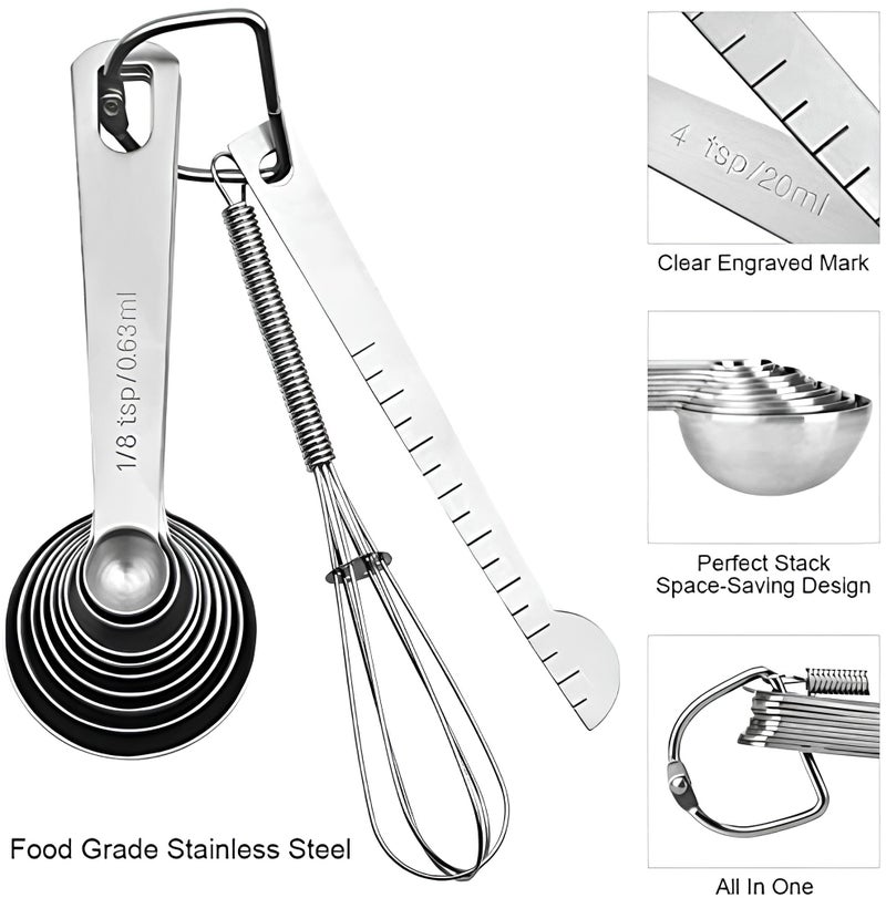 Homepixi Stainless Steel Measuring Spoons Set (Set of 11) Include 9 Stainless Steel Measuring Spoons, Egg Whisk and Measuring Ruler Scrape, Teaspoon Tablespoon Set for Cooking and Baking - Image 2