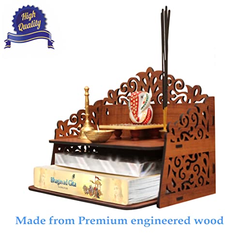 Heartily® Navrang Beautiful Wooden Pooja Stand for Home Mandir and Office Puja - Wall Product (H-9.5, L-12, W-8.5 Inch) - Image 3