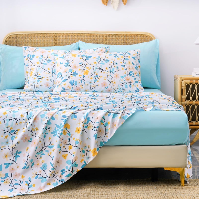 LONAVA King Size 6 Pieces Botanical Bed Sheet Set, Deep Pocket Sky Blue Fitted Sheet & Breathable Begonia Patterned Flat Sheets, Premium Microfiber, Floral Printed Bed Sheets - Image 1