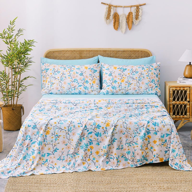 LONAVA King Size 6 Pieces Botanical Bed Sheet Set, Deep Pocket Sky Blue Fitted Sheet & Breathable Begonia Patterned Flat Sheets, Premium Microfiber, Floral Printed Bed Sheets - Image 2