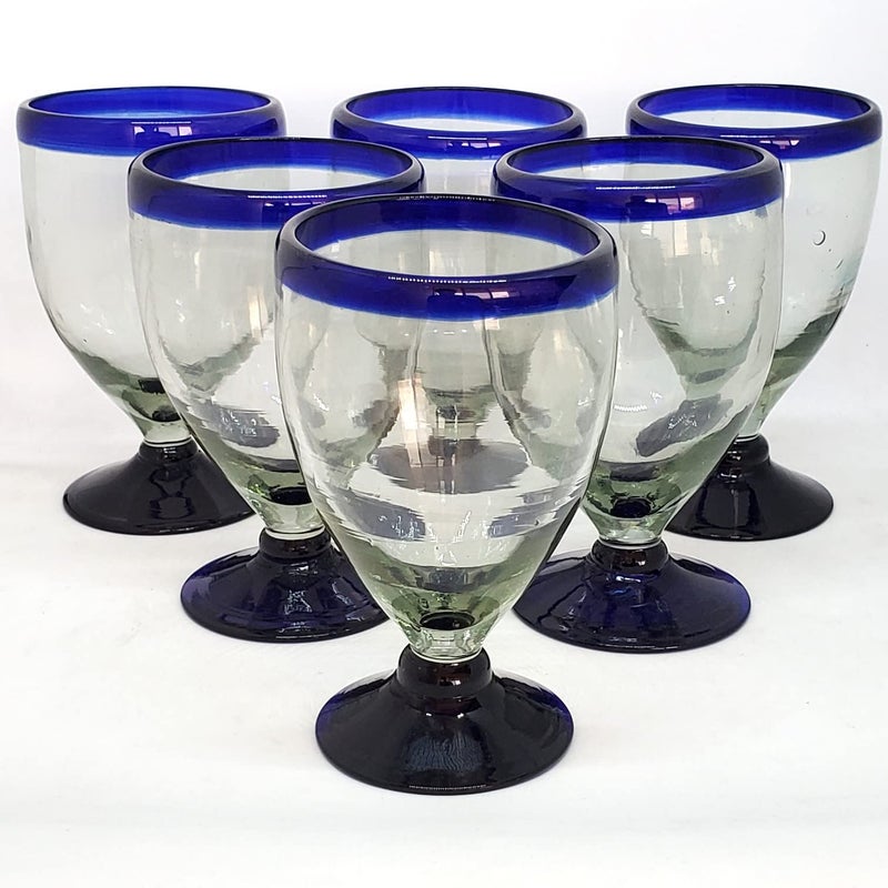 MexHandcraft Cobalt Blue Rim 12 oz Short Stem Wine Glasses set of 6 Recycled Glass Leadfree ToxinFree 12oz Short Stem