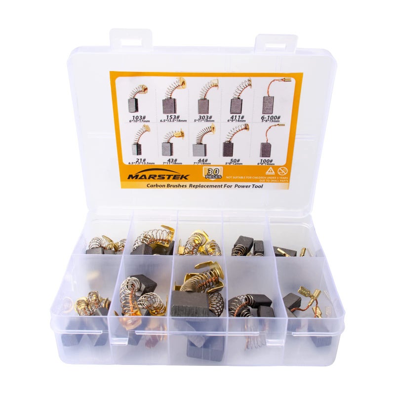 30 Pcs Electric Motor Carbon Brushes Set 10 Assorted Sizes Carbon Brushes Replacement Kit for Angle Grinders Electric Hammer Drills Circular Saws