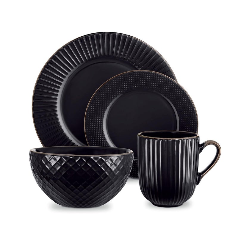 Tower T867002BLK Empire 16 Piece Dinnerware Set Stoneware Black and Brass