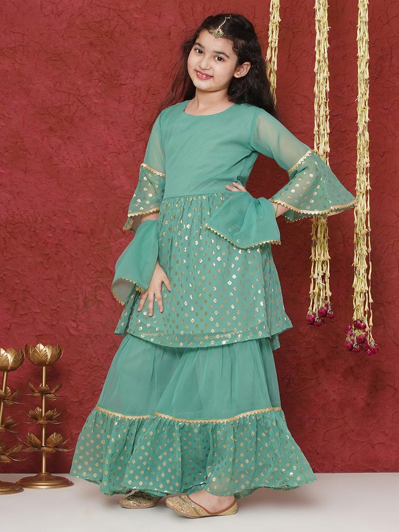 AJ DEZINES Kids Ethnic Wear Georgette Motif Printed Green Kurta Sharara Set for Girls (G-1157-GREEN-26) - Image 4