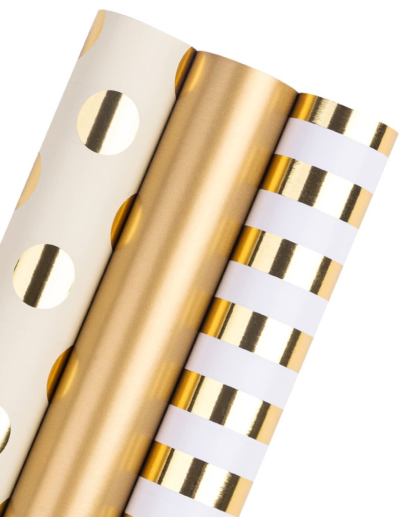 WRAPAHOLIC Gold Wrapping Paper Roll Mini Roll 3 Rolls 17 Inch X 120 Inch Per Roll Gold Foil Birthday Wrapping Paper for Wedding Christmas Party Baby Shower