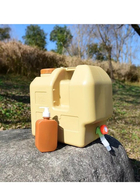 Portable water container with a 20L capacity, includes a handwashing bottle, faucet, and cleaning brush for camping and hiking.