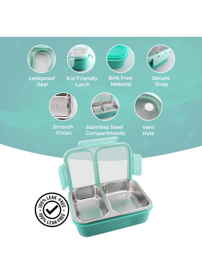 CRAVISTA Bento Lunch Boxes, Leak Proof Stainless Steel Lunch Box for Kids, BPA Free Bento Box for Kids and Adults | Tiffin Box for Office and School (Green, 700 ML, 2 Compartment) - Image 3