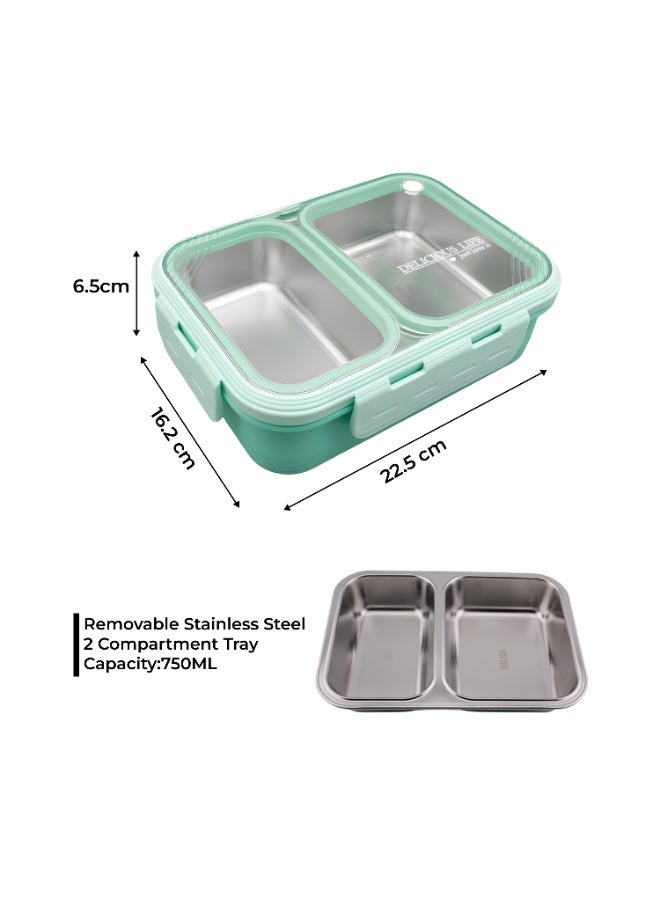 CRAVISTA Bento Lunch Boxes, Leak Proof Stainless Steel Lunch Box for Kids, BPA Free Bento Box for Kids and Adults | Tiffin Box for Office and School (Green, 700 ML, 2 Compartment) - Image 5