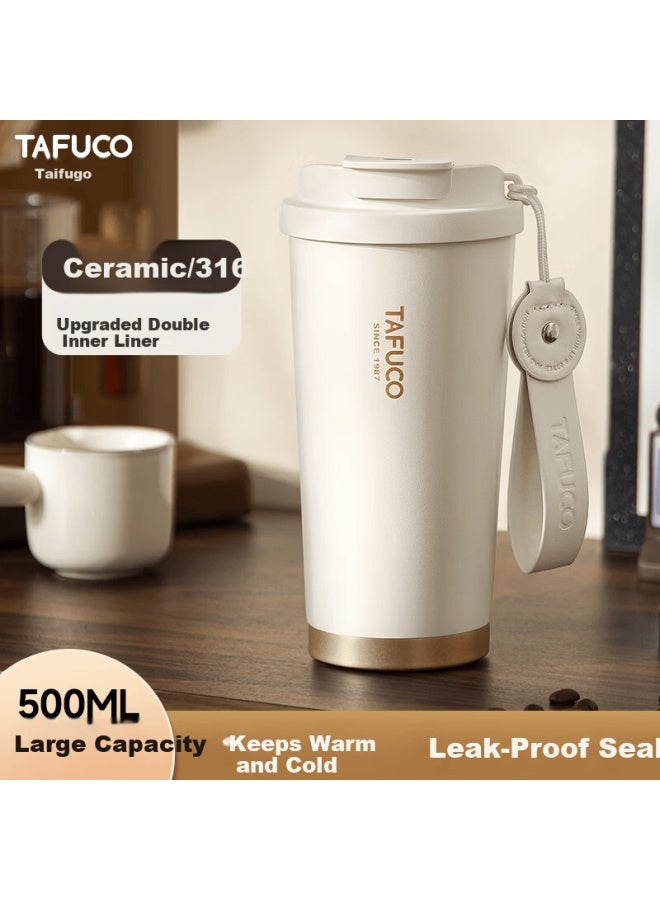 Tafuco Ceramic Coated Coffee Cup Double Insulated Thermos Car Home Portable 0.5l White T2428 - Image 2