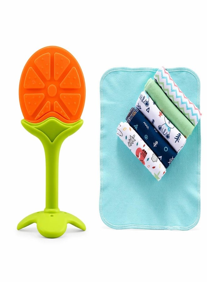 KALRA MAGIC® 6Pc Baby Cotton Hankey & 1Pcs Silicone Teether Set BPA-Free, Soft Chew Teething Toy & Self-Feeding Pacifier for Infants & Toddlers (Combo No 6) - Image 1