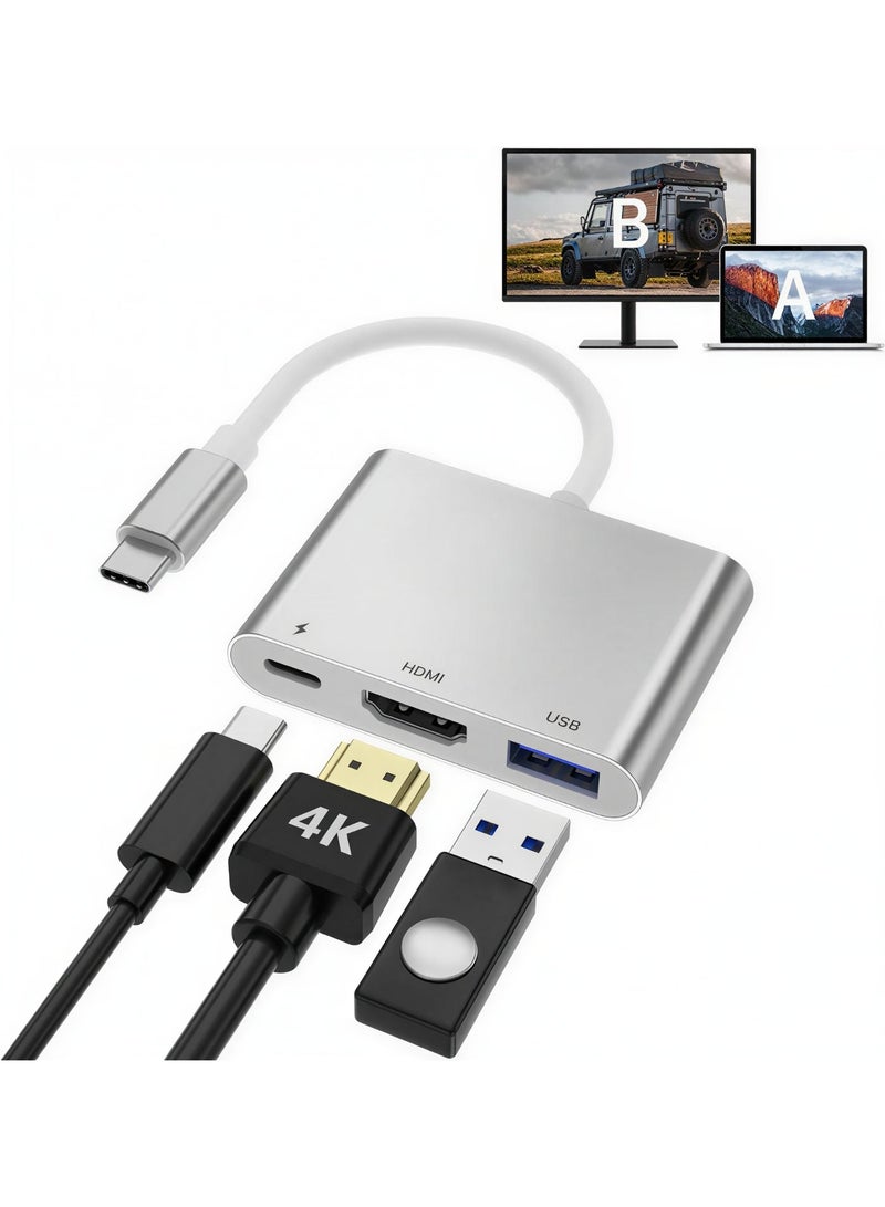 أوريون ماكس محول متعدد المنافذ 3 في 1 من USB-C إلى HDMI بدقة 4K، موزع من النوع C مع منفذ USB 3.0 وشحن سريع PD بقدرة 100 واط، محول صوت وصورة رقمي متوافق مع Thunderbolt 3 لأجهزة MacBook Pro/Air وiPad والكمبيوتر المحمول والتابلت والشاشة وجهاز العرض - Image 1