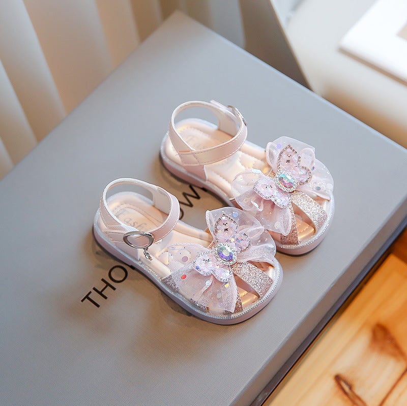 Girls Sandals 2025 Children'S Rhinestone Bow Princess Shoes Soft Sole Fish Mouth Hollow Little Girls Shoes - Image 3