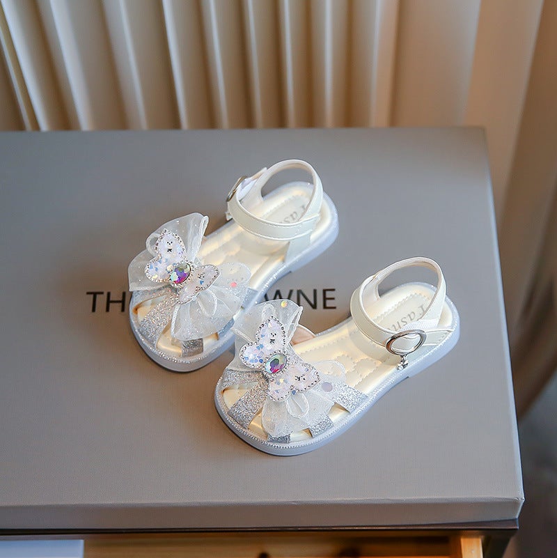 Girls Sandals 2025 Children'S Rhinestone Bow Princess Shoes Soft Sole Fish Mouth Hollow Little Girls Shoes - Image 5
