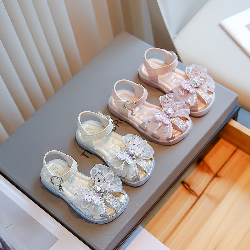 Girls Sandals 2025 Children'S Rhinestone Bow Princess Shoes Soft Sole Fish Mouth Hollow Little Girls Shoes - Image 2