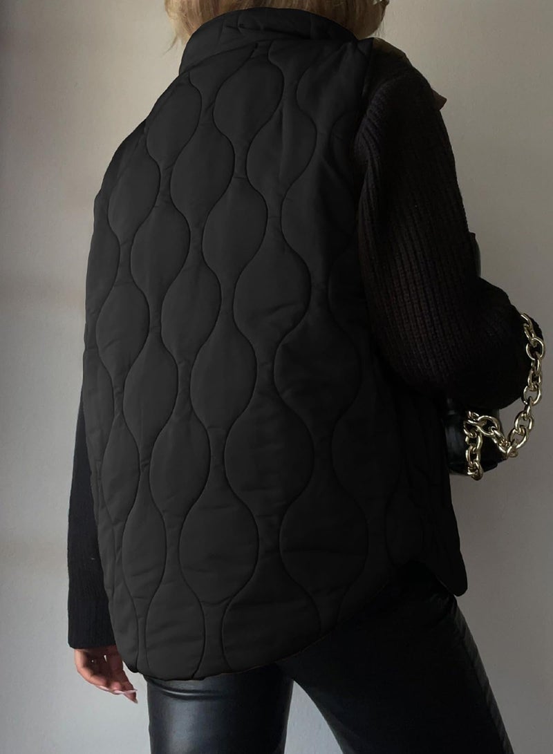 EVALESS Cute Black Cropped Puffer Vest Women Lightweight Quilted Stand Collar Sleeveless Jackets Fall Winter 2025 Button Zip Up Jacket Warm Coat Outerwear with Pockets Medium - Image 4