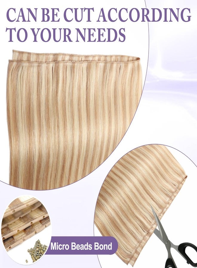 poetically 16 Inch 100G Butterfly Hair Extensions Real Human Hair Light Blonde Highlighted Golden Blonde Butterfly Weft Hair Extensions 18/22# Color PU Weft with Micro Beads Hair Extensions Invisible Skin Weft - Image 4