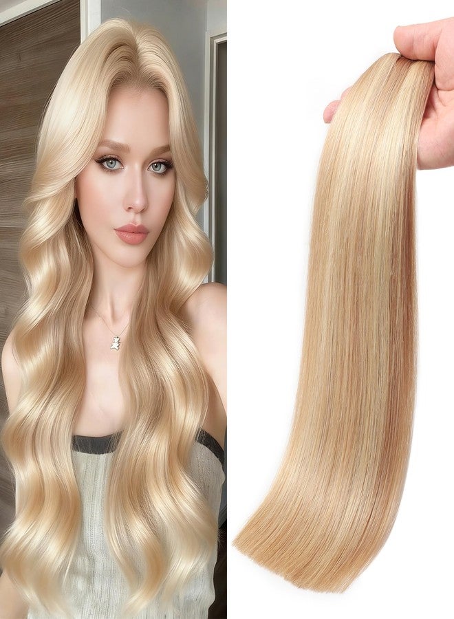 poetically 16 Inch 100G Butterfly Hair Extensions Real Human Hair Light Blonde Highlighted Golden Blonde Butterfly Weft Hair Extensions 18/22# Color PU Weft with Micro Beads Hair Extensions Invisible Skin Weft - Image 1
