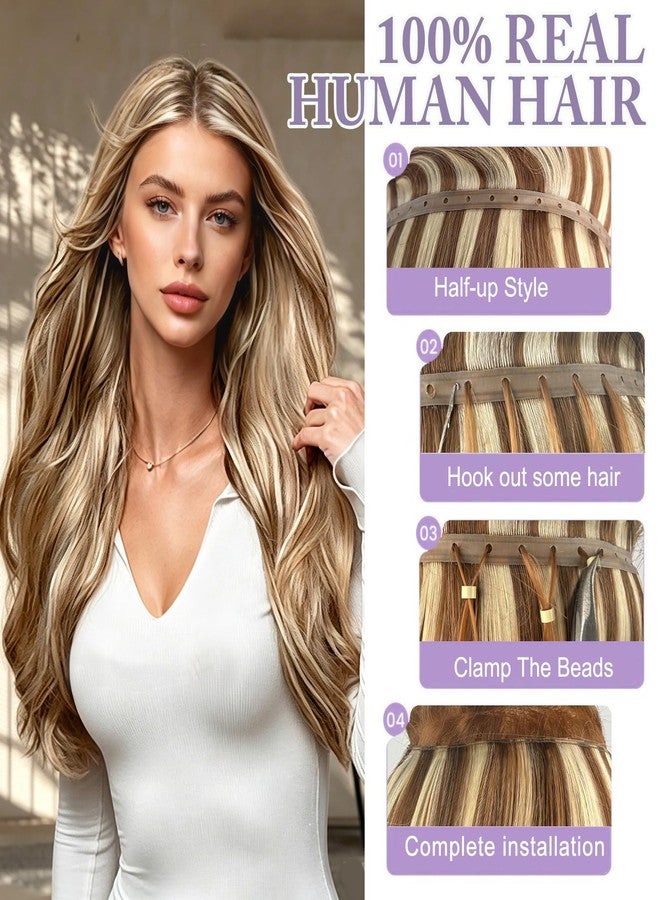 poetically 16 Inch 100G Butterfly Hair Extensions Real Human Hair Light Blonde Highlighted Golden Blonde Butterfly Weft Hair Extensions 18/22# Color PU Weft with Micro Beads Hair Extensions Invisible Skin Weft - Image 5