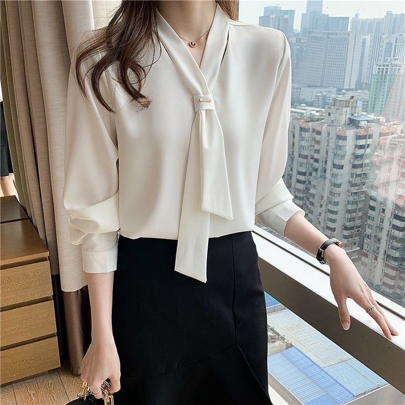 Real shot spot 2024 spring Korean version of loose bow professional white chiffon shirt blouse temperament OL White