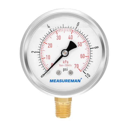 MEASUREMAN 2-1/2" dial,Glycerin Filled, Stainless Steel case, Brass Inside, 0-10psi/kpa,1/4" NPT Lower Mount - Image 1