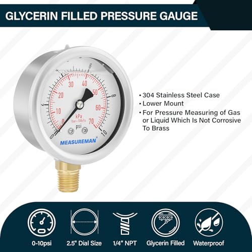 MEASUREMAN 2-1/2" dial,Glycerin Filled, Stainless Steel case, Brass Inside, 0-10psi/kpa,1/4" NPT Lower Mount - Image 2